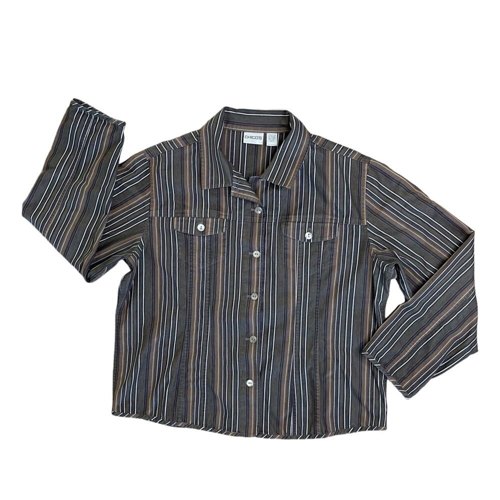 CHICO’S Brown Denim Striped Button Front Collared Jacket Women’s Size 3 or XL/16